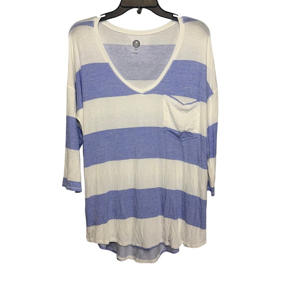 So Women’s purple and white striped v-neck shirt NWT - Size L